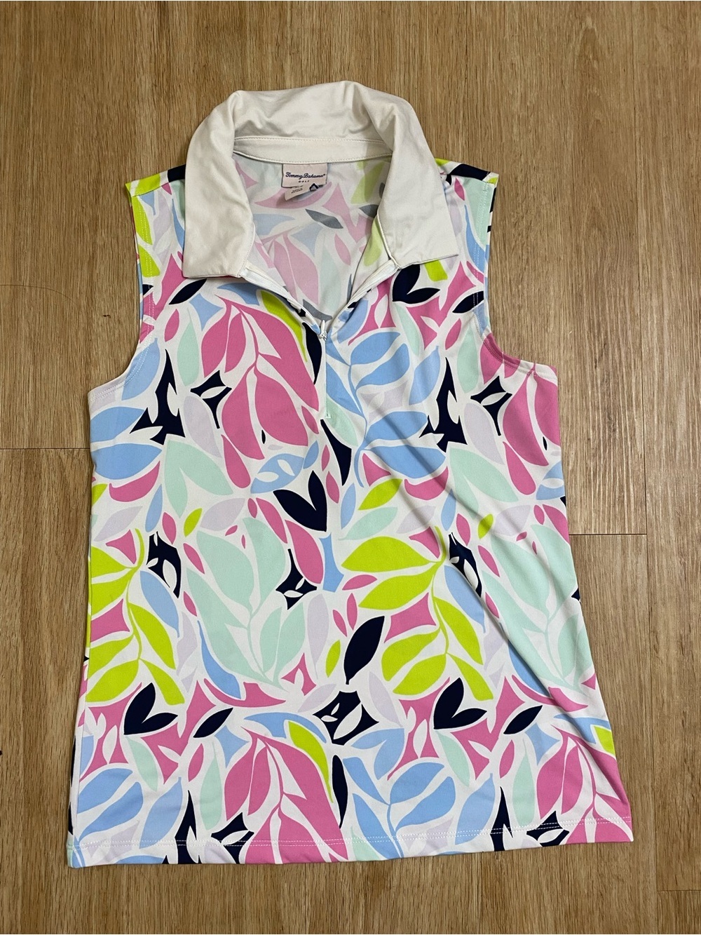 Tommy Bahama Sleeveless Polo Golf Top in Pink Light Blue, Lime & Navy Leaf Print